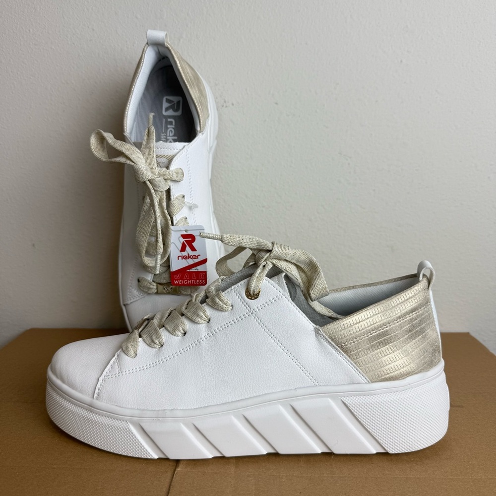 NEW Rieker W2602 Carla White Platform Sneaker Shoes Metallic Gold Heel Size 41